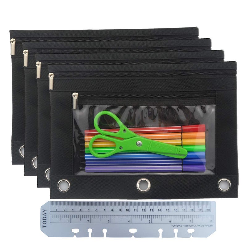 Enyuwlcm 3 Ring Binder Pencil Pouch with Durable Zipper Binder Pencil Case with Clear Window 2 Pocket Black Canvas 4 Pack - Image 1